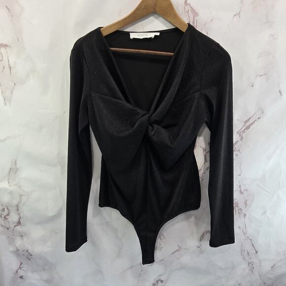 ASTR The Label Bodysuit Womens Medium Black Ribbed Thong Sparkle Shimmer Long - Picture 1 of 12